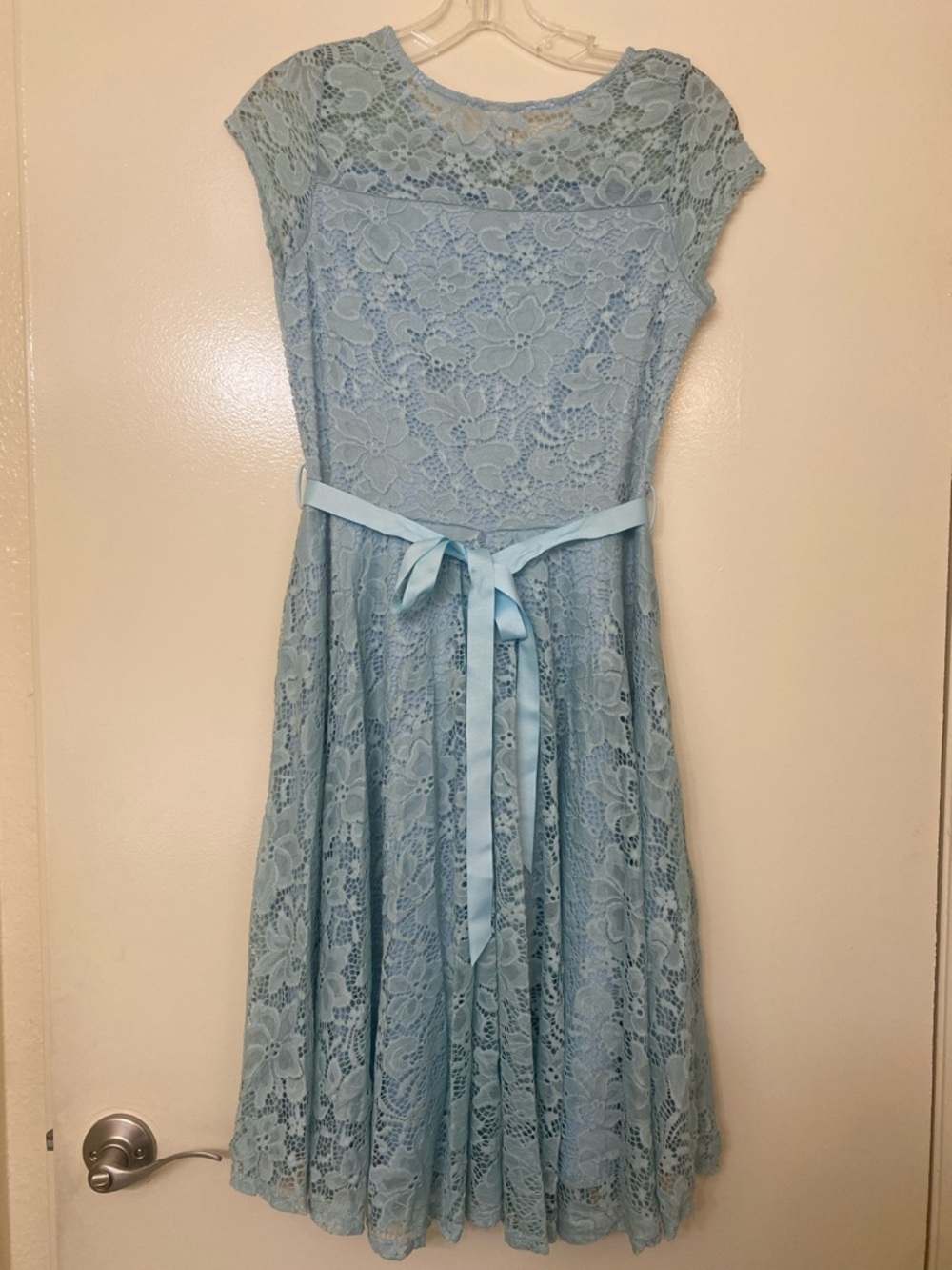 Light Blue Lace Fit-and-Flare Dress with Accent Belt - Picture 2 of 3